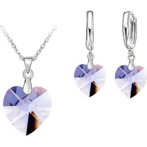 One Set Austrian Crystal 925 Sterling Silver Jewelry Heart Pendant Necklaces Lever Back Earrings Woman Accessories Gift