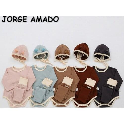 2021 New Autumn Kids Girls Boys Pajamas 3-pcs Sets Solid Color Round Collar Bodysuit+Leggings+Cap Newborn Cotton Clothes E0323