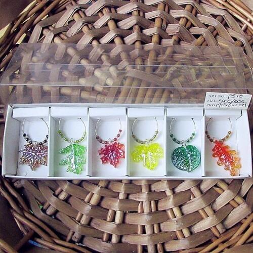 6pcs Custom wholesale hand blown murano glass leaves rings pendants goblet Marker Easter decoration wine glass charms set