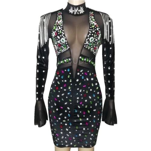 Multi-Color Dress Crystals Stones Mesh Velvet Slit Mini Fashion Evening Party Rhinestones Wrap Hips Short Sexy Costume