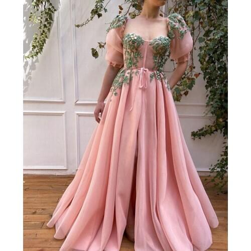 Pink Evening Dresses A-line Sweetheart Half Sleeves Tulle Appliques Beaded Slit Dubai Saudi Arabia Long Prom Dress Gown