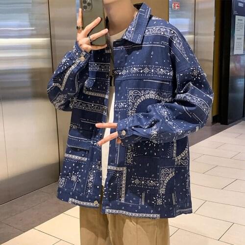 Dark blue cashew flower American vintage jacket men fall large size loose oversize jacket national fashion work jacket