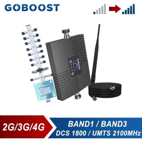 GOBOOST 2G 3G 4G Signal Booster DCS 1800 UMTS 2100MHz Cellular Amplifier Band 1 3 Reperter For Cellphone With Antenna Kit