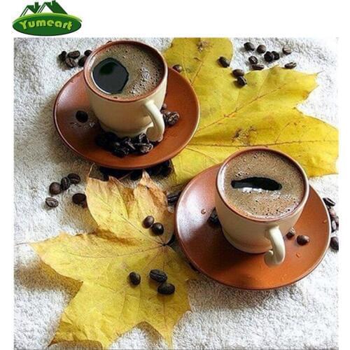 YUMEART Full Diamond Painting Coffee Cup and Yellow Leaf Diamond Rhinestones Cross Stitch Kit Diamond Embroidery Mosaic Picture
