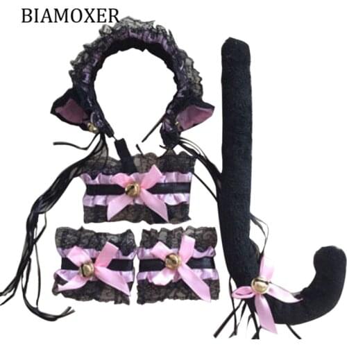 Women Lady Cat Girls Lace Tassels Ear Headband Housekeeper Waitress Maid Dressing Set Anime Cosplay Costume Accessories