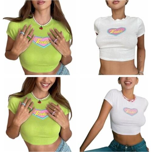 Women Summer Crop Tops Adults Heart Letter Print Short Sleeve Round Neck T-shirt