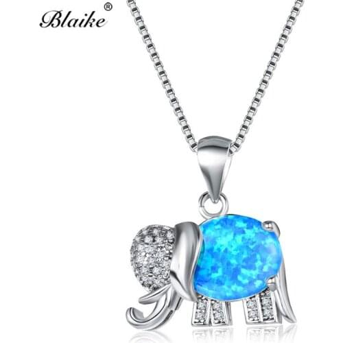 Blaike Female Rainbow Elephant Pendants 925 Sterling Silver Blue/White Fire Opal Necklaces For Women Crystal Birthstone Choker