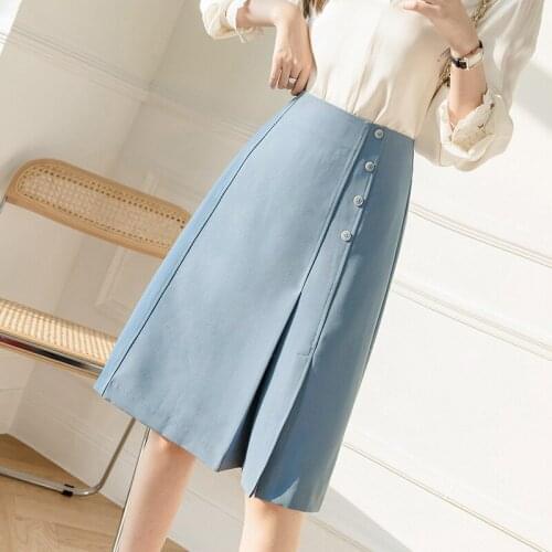 Spring Summer Suit Skirt Irregular Pleated Skirts Womens A-line High Waist Slim Blue Skirt Women