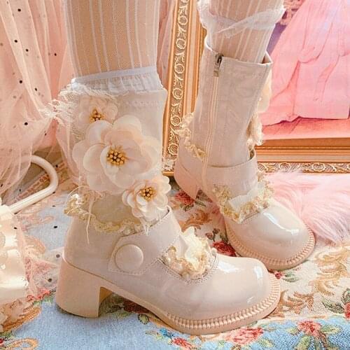 Womens Round Toe Mid Calf Boots Lace Flowers Block High Heel Stretchy Shoes DIY Princess Lolita Sweet Girls New 2022