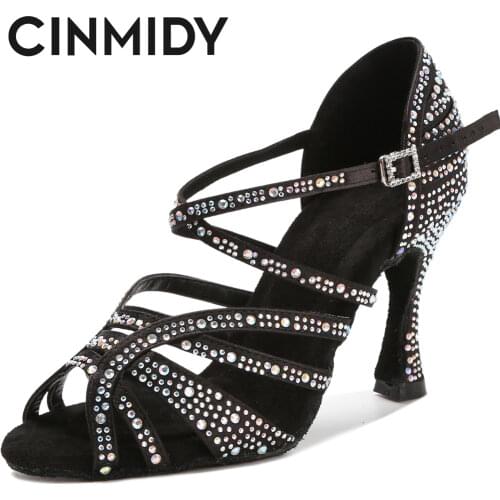 CINMIDY Silver Latin Dance Shoes Women Tango Salsa Ballroom Dance Shoes Ladys Girls High Heels Rhinestone Wedding Shoes Women