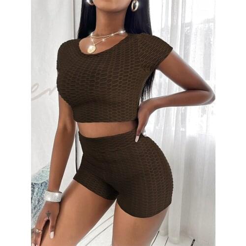 Ladies Short Sleeve Two-piece Suit Female Round Neck Solid Black Coffee Pink Yoga Sports Suits With Shorts Clothing Sets 2021