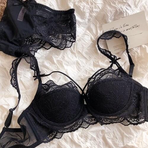 Sexy Lace Thong Lingerie Prospective Bundled Gathering Big Breasts Bra Set Womens Push Up Dot Bow Underwear With Steel Ring Bra