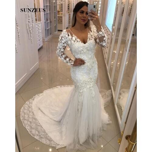 Mermaid V-neck Long Sleeves Wedding Gowns 2019 Appliques Lace Bride Dresses With Pearls Hand-made Flowers Women Marriage Dress