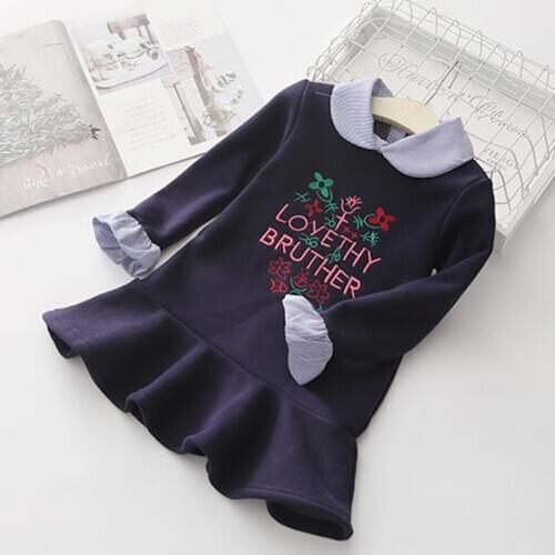 2020 Winter Warm Cute 2 3 4-12 Years Baby Flare Sleeve Peter Pan Collar Letter Pattern Plus Velvet Pretty Dress For Kids Girls
