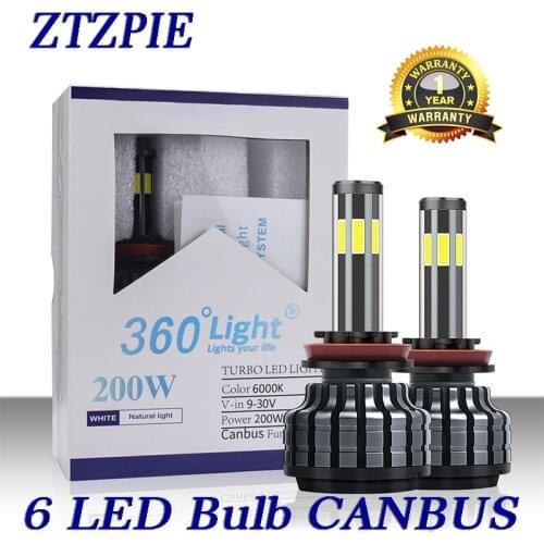 ZTZPIE 6000K 200W Car Light H8 H3 H7 H9 26000LM 9006/HB4 9005/HB3 H4 H11 h1 6/six Led Headlight Bulb Super Bright Car Light 12V