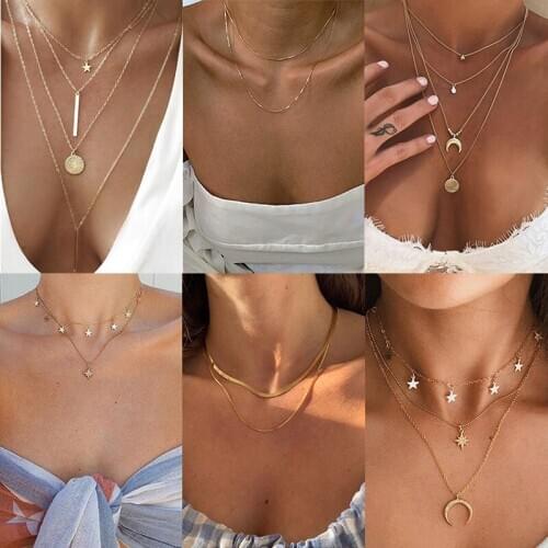 2021 Crystal Necklaces For Women Fashion Gold Necklace Vintage Multiple Layers Pendant Necklace Jewelry Gift