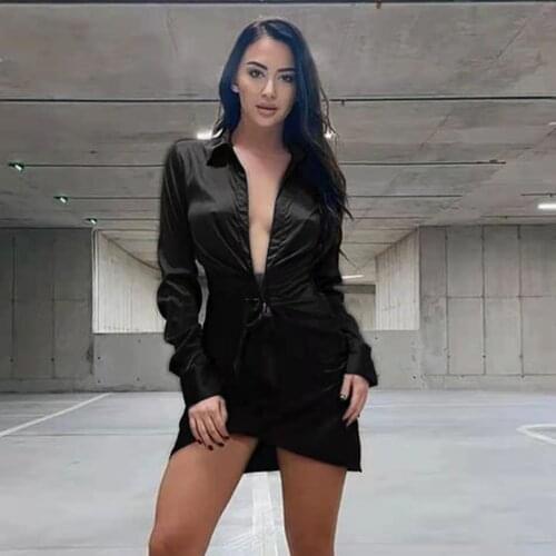 2021 Spring Women Black Sexy Deep V-Neck Long Sleeve Mini Dress Fashion Night Club Party Dress