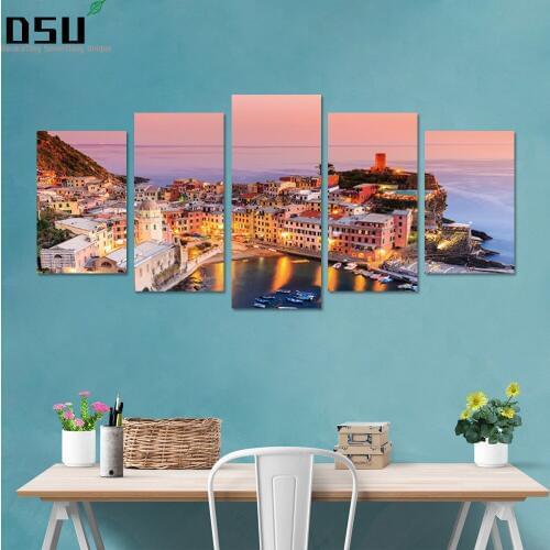 5pcs/set 3D Italy Cinque Terre Color House Combination Wall Stickers Home Decor Living Room Bedroom Poster DIY PVC Sea Art Mural