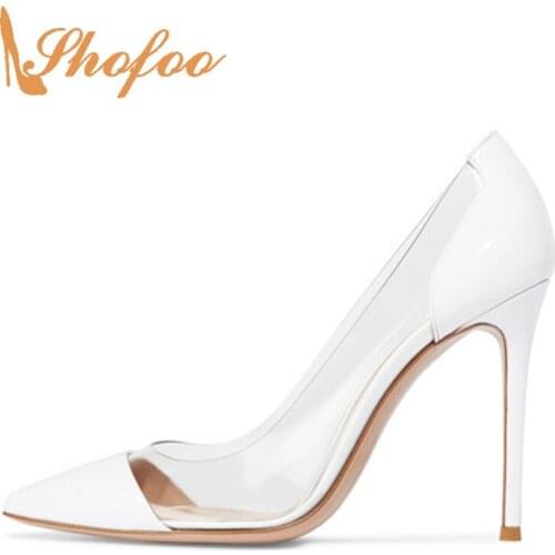 Large Size 11 15 White Nude PVC Cap Pointed Toe High Thin Heels Pumps Woman Stilettos For Ladies Clear Dress Shoes Mature Party