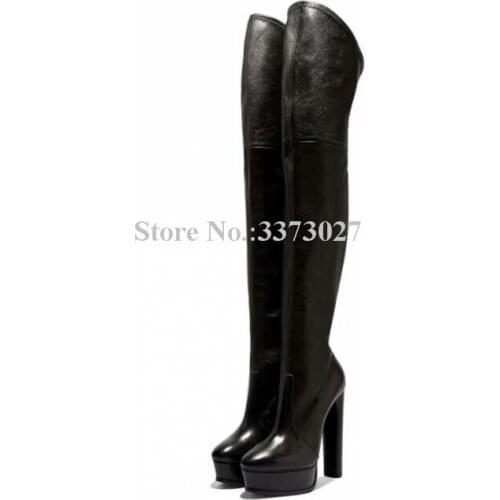 Black Leather Chunky Heel Platform Woman Long Boots Sexy New Thick Heel Over the Knee Thigh High Boots Ladies Winter Dress Shoes