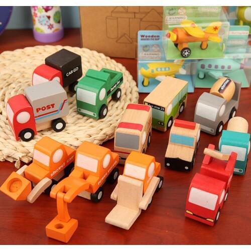 Kids Mini Wooden Cars Truck Aircraft Model Toy Montessori Colorful Vehicle Toys Wooden Education Simulation Cars Decoration Gift