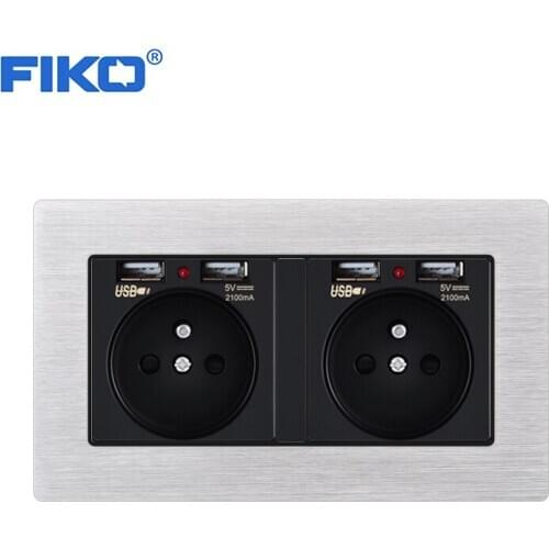FIKO 16A Aluminium Alloy Panel FR Wall Power standard with Dual USB, EU french standard family hotel socket,146mm*86mm