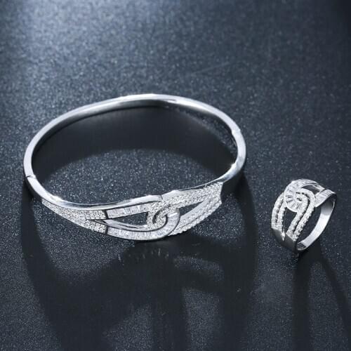 Funmode 2pcs White Gold Color Bangle Ring Sets Bridal Jewelry Sets Shiny Cubic Zircon Jewelry Sets Wholesale FS39