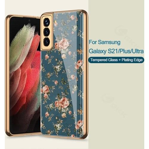 GKK Flower Pattern Tempered Glass Case For Samsung Galaxy S21 Plus Ultra 5G Plating Hard Cover For Samsung S21 Plus Ultra Case