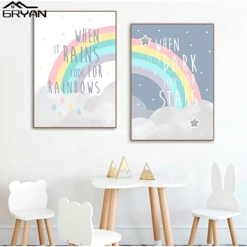 Look For Rainbow Star Nursery Poster and Prints Cartoon Wall Art Picture Baby Kids Room Decoration Motivational Letter Picture