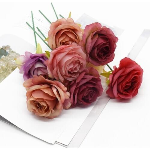 10Pcs 6cm Silk Flowers Artificial Roses Decorative Wreath Home Decoration Accessories Wedding Brides Wrist Diy Gifts Box Brooch
