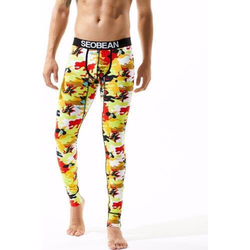 SEOBEAN 2018 New coming winter autume Mens sexy yellow Camouflage pattern Long johns Low Rise Thermal Underpants leggings