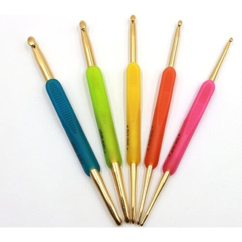 5pcs/Set Silicone Handle Gold Double-Ended Aluminum Crochet Hooks Knitting Needles Weave Stitching Needle Sewing Accessory Tools