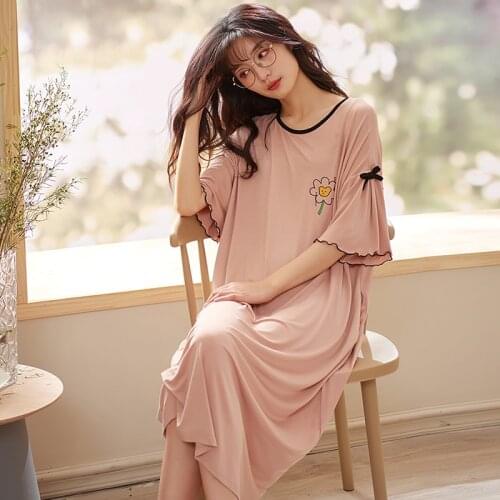 Summer Nightdress Knee Length Skirt Womens Sweet Nightgown Cotton Home Clothes Female Nightwear Sleeping Dress Sleepwear