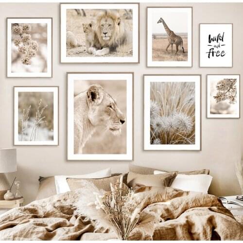 Nordic Poster Wild Lions Giraffe Cherry Blossoms Grass Quotes Wall Art Print Canvas Painting Wall Pictures For Living Room Decor