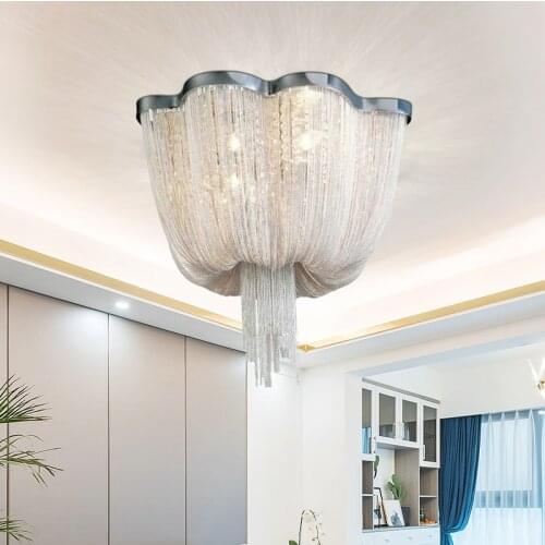 Modern Style Chrome Art Luxury ceiling lights Engineering Design Chain Tassel Aluminum Chain LED ceiling lamp
