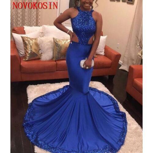 Stunning Royal Blue Mermaid 2019 Sequined African Evening Party Dresses Backless Halter Satin Formal Gown
