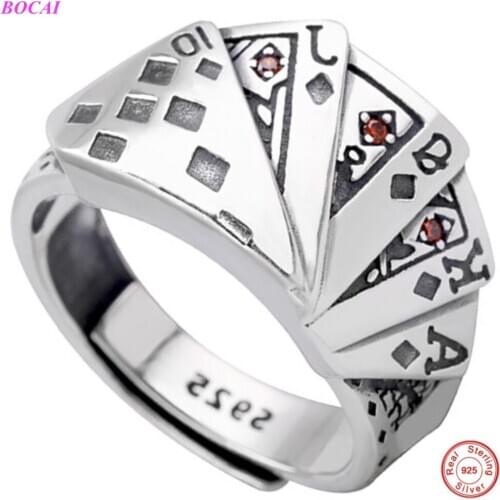 BOCAI 925 pure silver rings for men and women Homo flush playing card ring male couples personality opening Thai silver ring