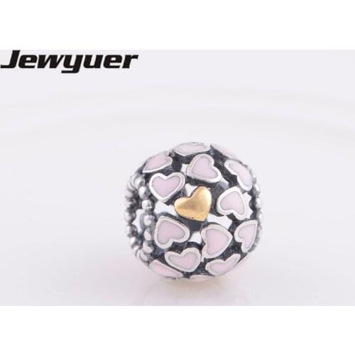 Silver Abundance of Love charms with Pink Enamel & golden heart 925 sterling silver jewelry fit bead bracelets diy Memnon GD024
