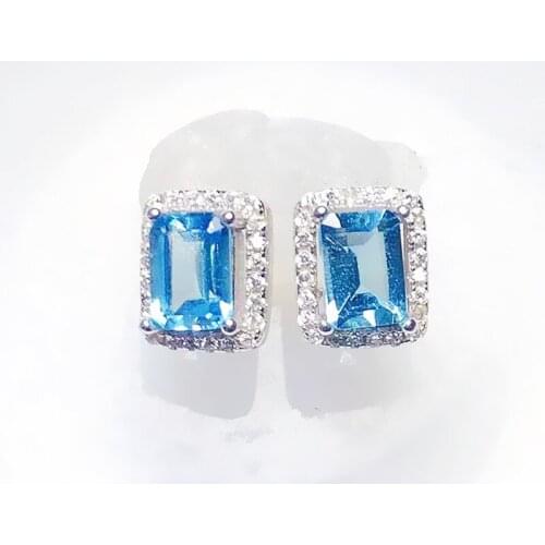 Natural real blue topaz rectangle stud earring Per jewelry 5*7mm 1.3ct*2pcs gemstone 925 sterling silver Fine jewelry X218385