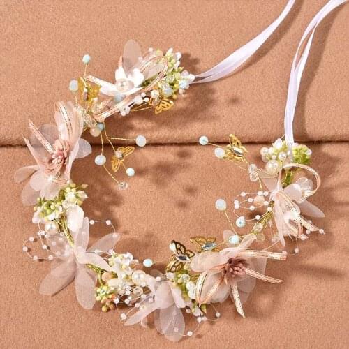 Wedding Hair Accessories Crystal Pearl Soft Ribbon Chain Bridal Elegant Headband Flower Girl Ribbon Headpiece Hair Jewelry