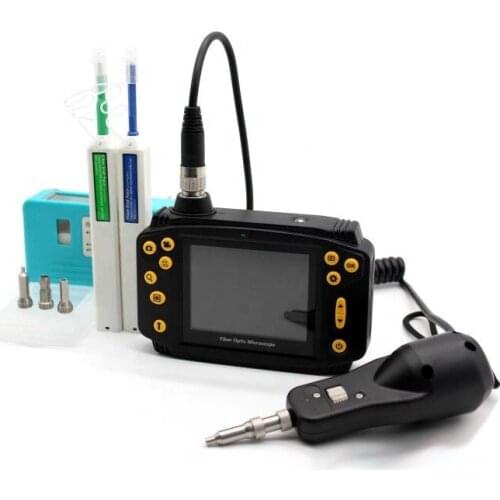 Fiber optic connector inspection and cleaning kit with one click cleaner