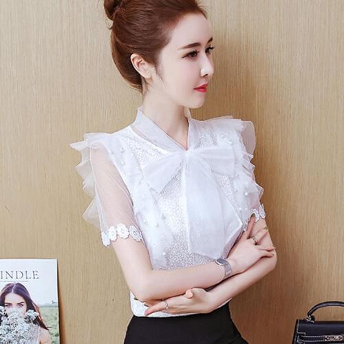 Women Spring Summer Style Chiffon Lace Blouses Shirts Lady Casual Short Sleeve Bow Tie Collar Beading Blusas Tops DD8034