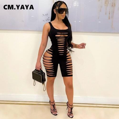 CM.YAYA Women Cut Out Hollow Out Sleeveless Tank Bodycon Playsuit Active Fashion Elastic Romper Basic One Piece Overall Outfits
