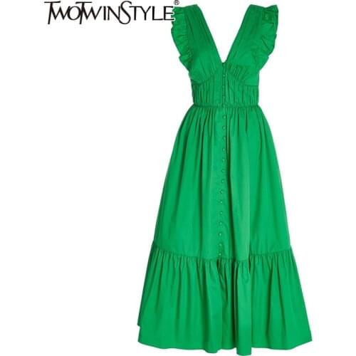 TWOTWINSTYLE White Elegant Dress For Women V Neck Short Sleeve High Waist Lace Up Bowknot Patchwork Ruffle Dresses Female Summer