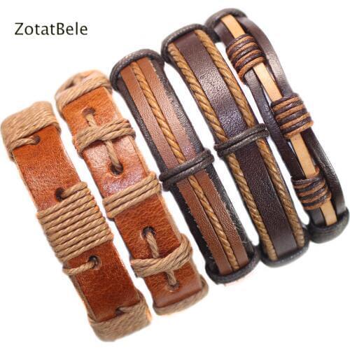 ZotatBele Handmade Wholesale 5Pcs/Set Brown Leather Bracelets Women Bangle Male Wristband Wrap Men Jewelry F34