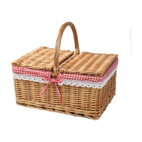 40*30*20cm Square Wicker Willow Picnic Basket Hamper Shopping Basket Bag with Lid and Floral Liner for Outdoor Camping Picnic