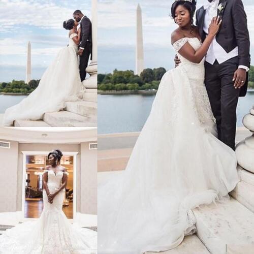 African Overskirts Wedding Dresses Lace Appliques Mermaid Wedding Gowns With Detachable Train Plus Size Bridal dress