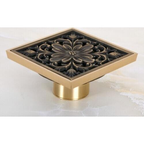 Antique Brass Carved Flower Pattern Bathroom Shower Drain 4" Square Floor Drain Waste Grates ahr045