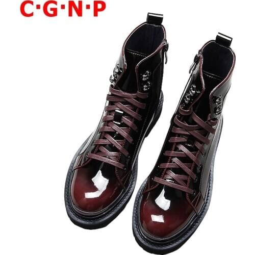 C·G·N·P Spring Autumn Martin Boots Men Patent Leather High-top Lace-up Casual Shoes Breathable Handmade Mens Ankle Boots