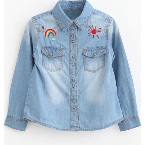 Baby Girls Denim Shirt Pretty Embroidery Denim Shirts For Girls Spring Autumn Long Sleeve Jeans Blouse Cotton Soft Kids Blouses